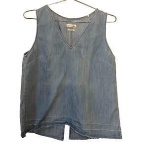 Rag & Bone V-Neck Tank Top Chambray Denim Split Back Raw Hem Medium Made in USA